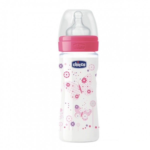 Chicco biberon well-being- 250ml - tétine silicone - rose 2 mois +
