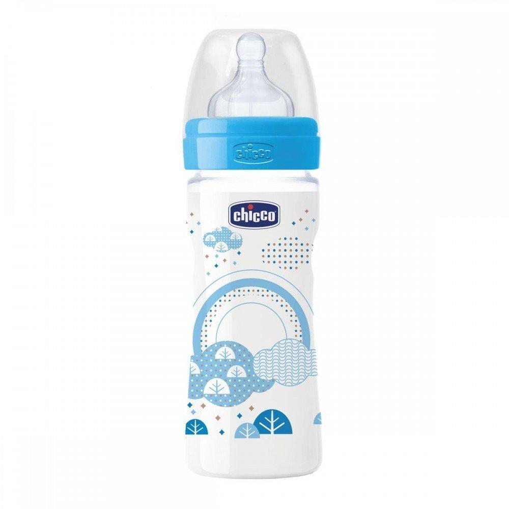 Chicco biberon well-being -250ml - tétine silicone - bleu 2 mois +